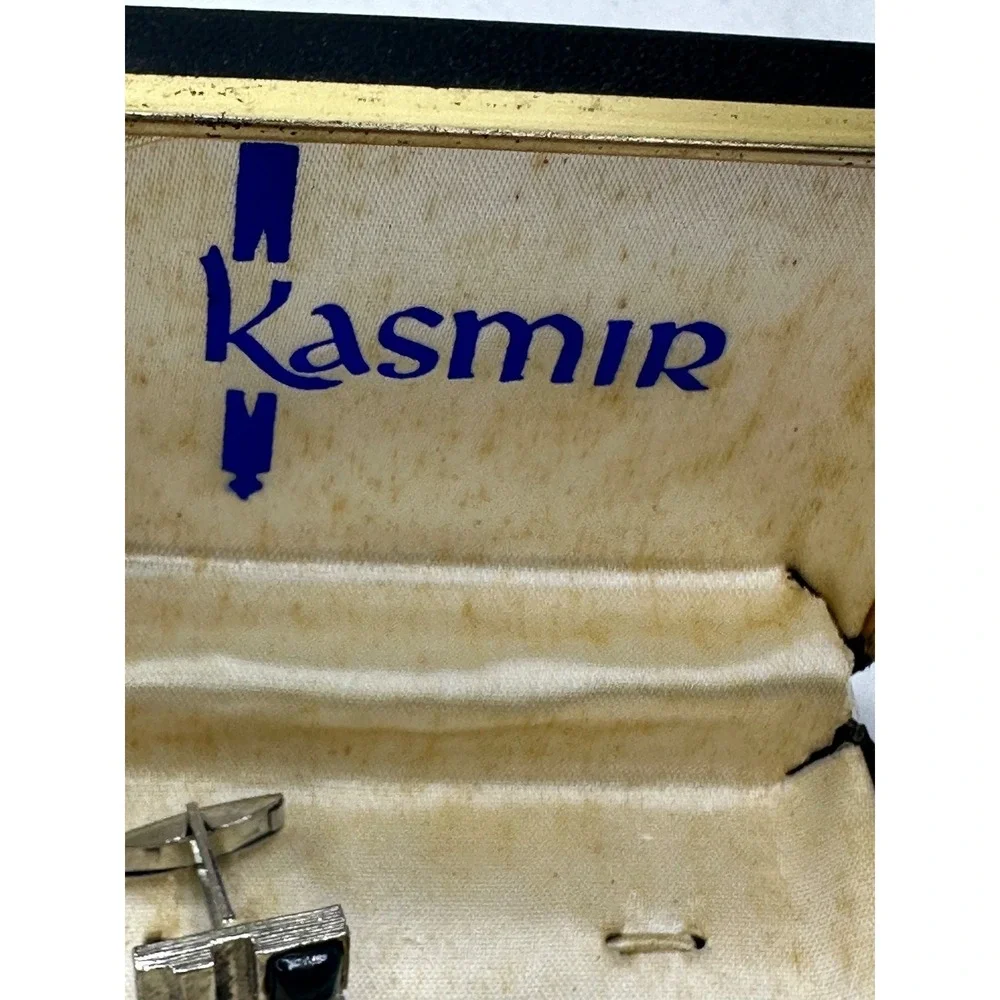 Kasmir cufflinks Tie Tack Set Blue Stone Square Silver Tone Vintage Boxed